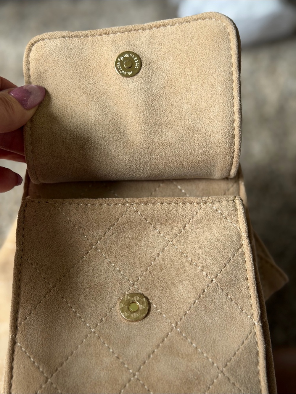 Suede Quilted Drawstring Shoulder Bag in Beige - Picture 9 of 15